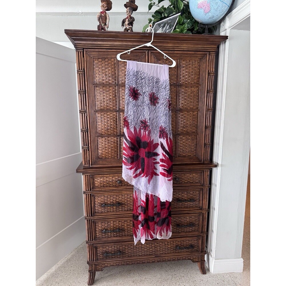 Women’s Lightweight Sheer Floral Scarf Wrap Red White Black Crinkle Long Shawl
